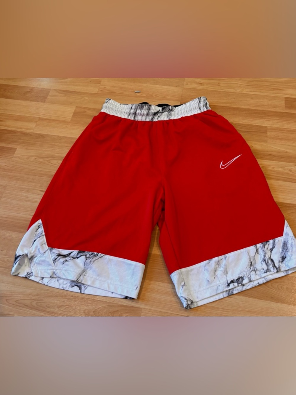 Nike Red Basketball Athletic Shorts with White Marble Hem